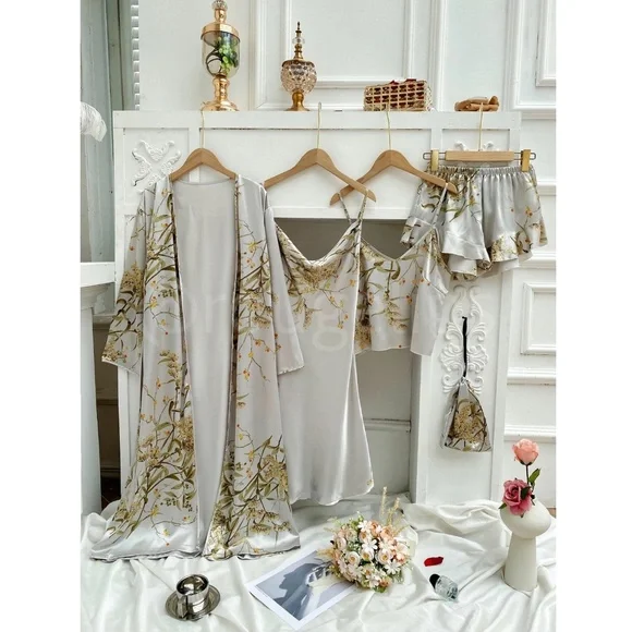 Satin Pajama Lingerie Set of 5 Pieces Robe Slip Cami Top Shorts - Picture 5 of 7